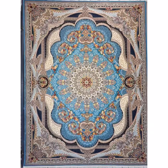 فرش ماشینی 1200 شانه اصل تراکم 3600 طرح شاهچراغ زمینه آبی 12 متری جنس اکرولیک