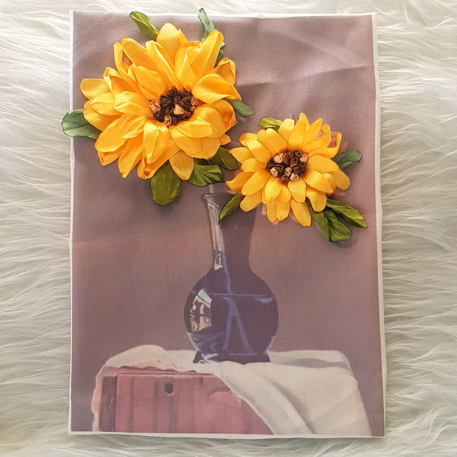 تابلو روباندوزی شده پارچه طرحدار گل آفتابگردون