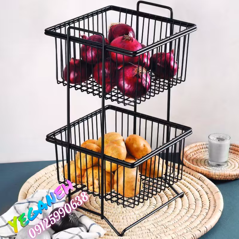 سبد سیب زمینی و پیاز 2طبقه در دو رنگ مشکی و استیل