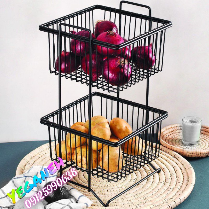 سبد سیب زمینی و پیاز 2طبقه در دو رنگ مشکی و استیل