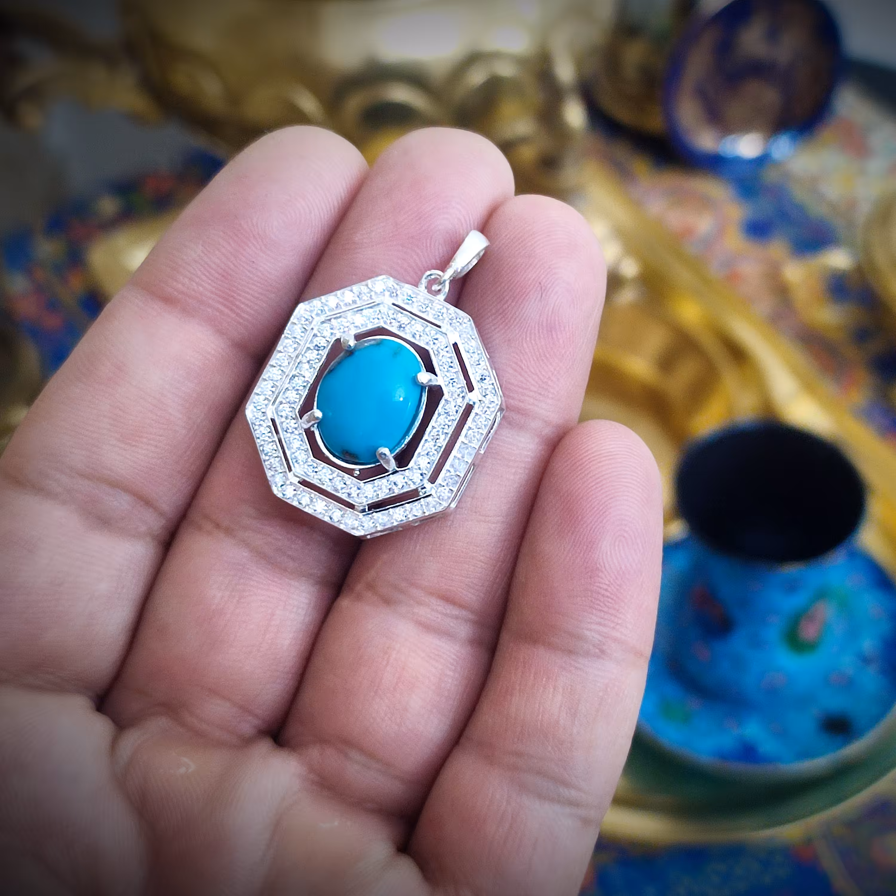 آویز گردنی نقره زنانه طرح جواهر  با نگین فیروزه کرمان