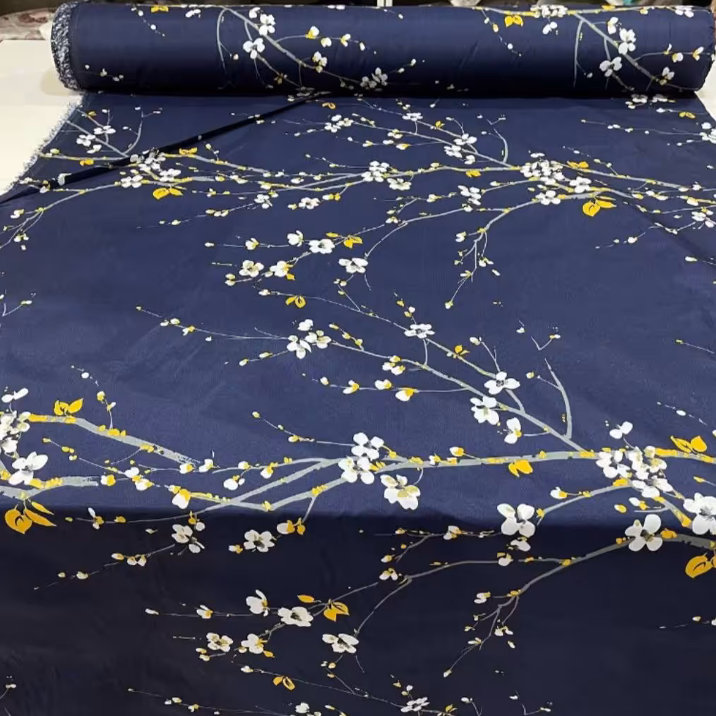 پارچه سورمه ای طرح شکوفه بهاری