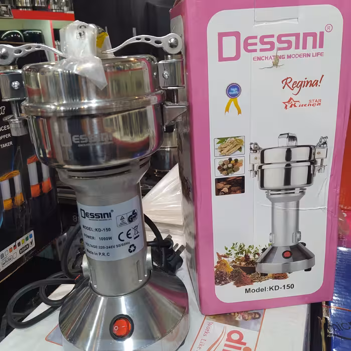 آسیاب برند دسینی 150 گرمی 1000 وات 6 تیغه فولادی درب اهرمی بدنه استیل مخصوص ادویه های سخت 