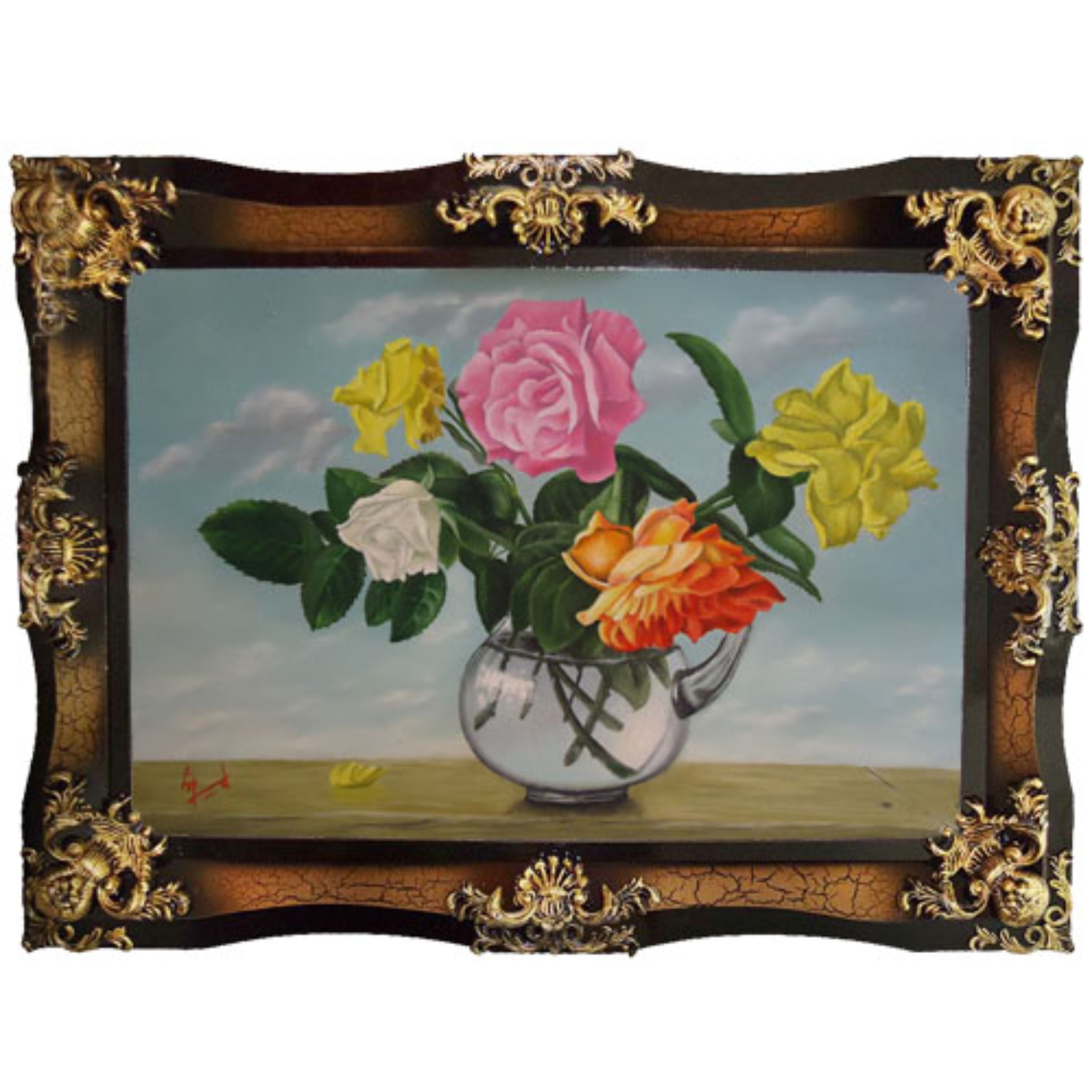 تابلو رنگ روغن گلدان گل رز