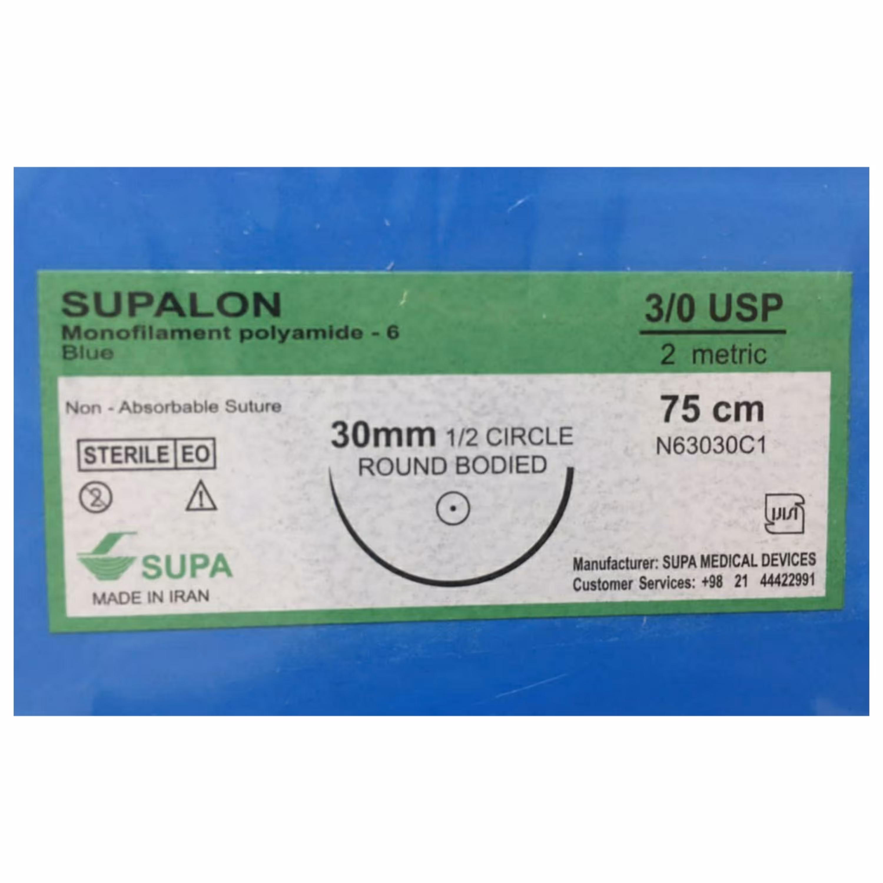 نخ جراحی سوپا 30 نایلون و سوزن راند 30 میلی متر