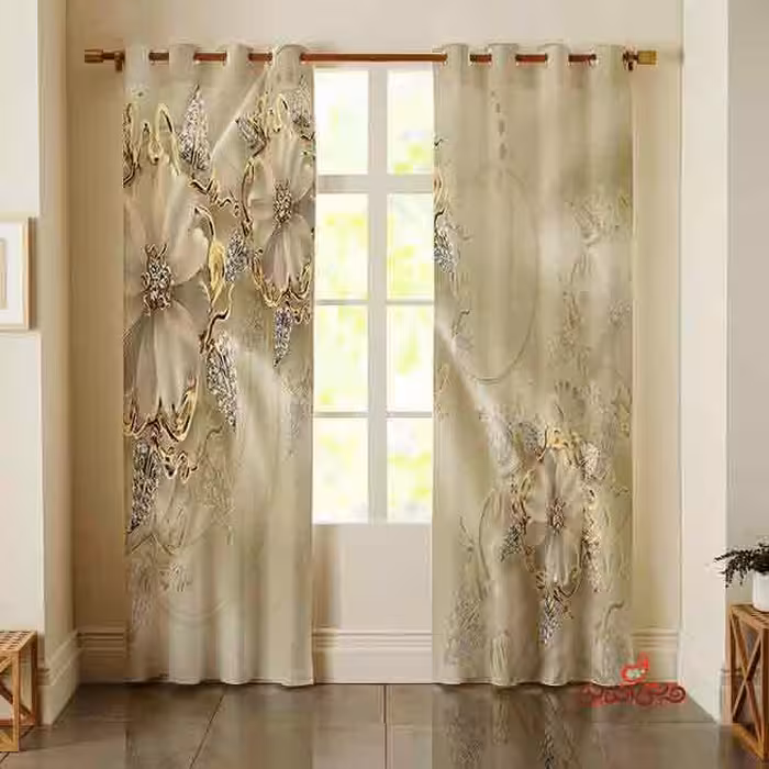 پرده 2عددی طرح گل سفید طلایی کد 2413