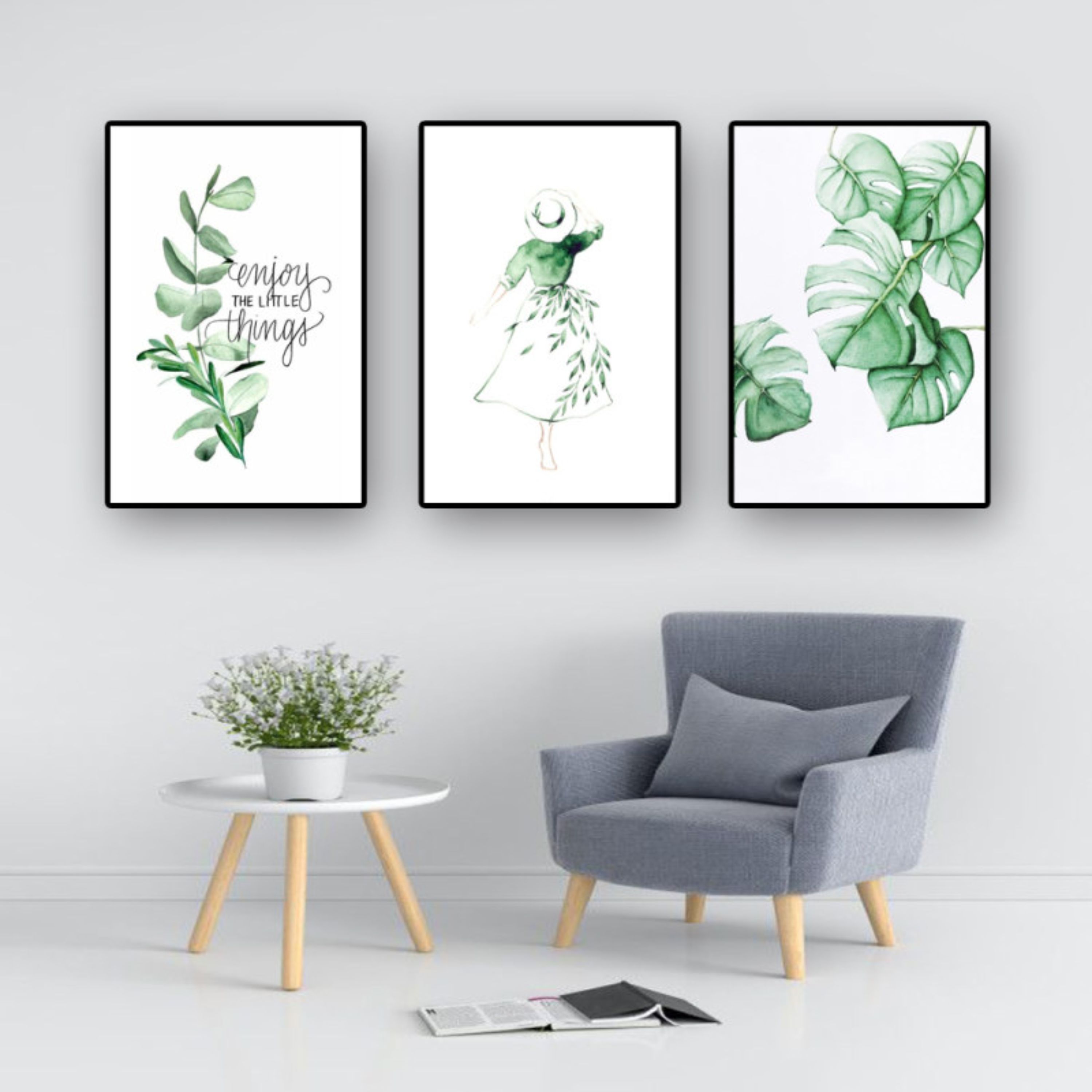 تابلو مدل دکوراتیو برگ سبز زندگی طرح 900 مجموعه سه عددی سایز 60 در 40