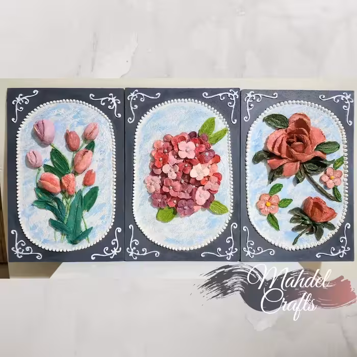 سه لت گل اسکالپچر (هنر جدید برجسته سازی) سه بعدی سه محصول آخر در ابعاد 20 در 30 تماما کار دست