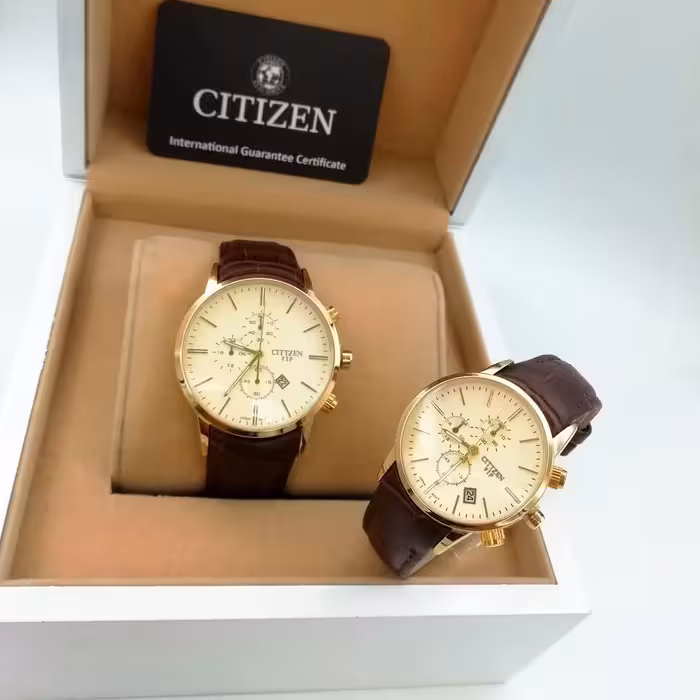 ساعت ست زنانه و مردانه سیتیزن موتور ژاپن بند چرم  بدنه استیل Citizen