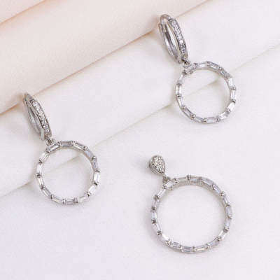 نیم ست نقره دایره ای ظریف و ساده نگین باگت خور کد 16324