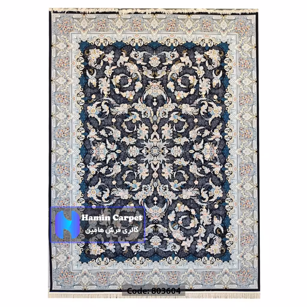 فرش 4 متری 700شانه تراکم 2550 نخ آکلریک رنگ زمینه سرمه ای کد AR803604