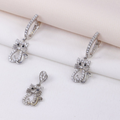 نیم ست نقره دخترانه طرح گربه کوچک و ظریف کد 1631