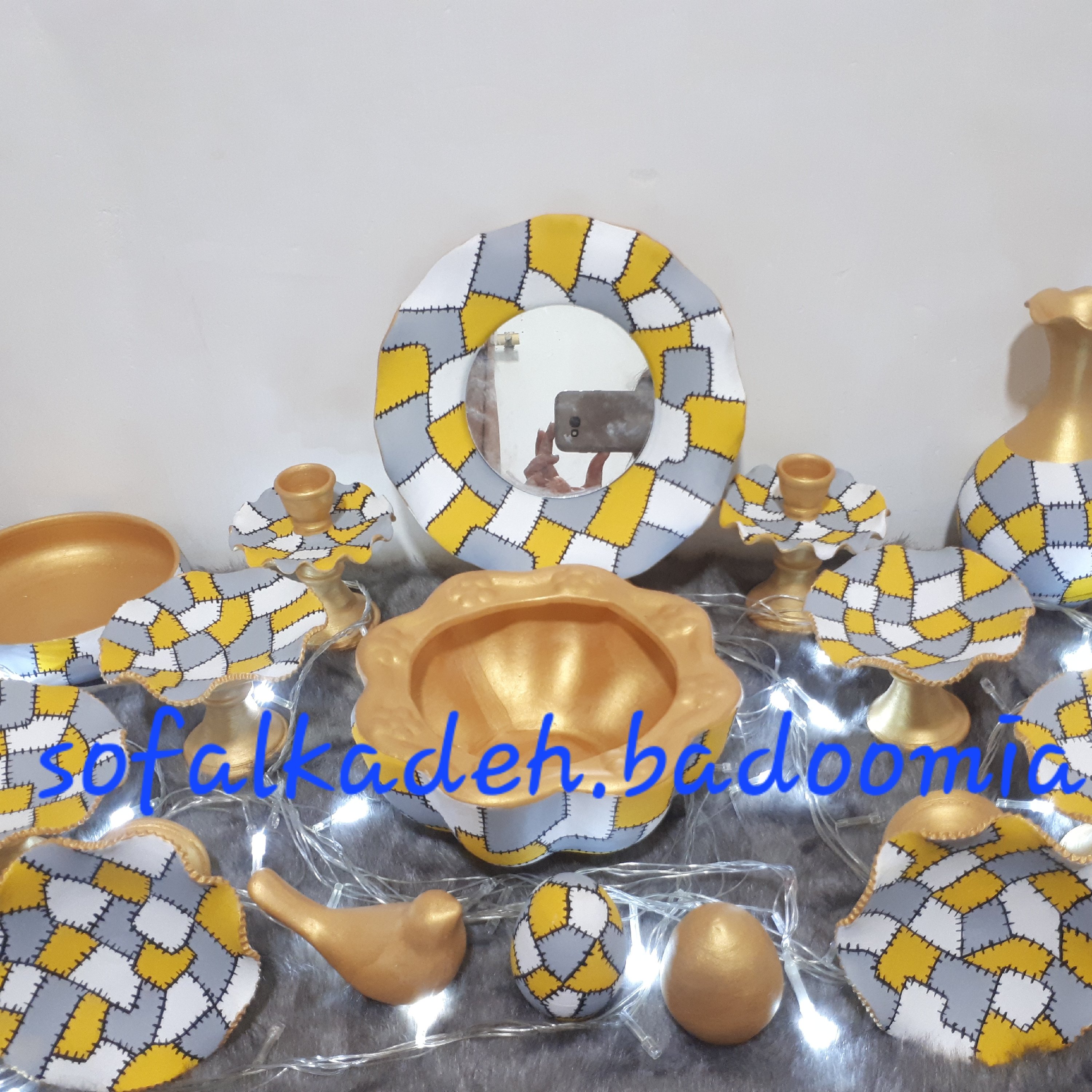 ست کامل هفت سین سفالی مدل لب چین چهل تیکه رنگی رنگی طوسی زردکد 2