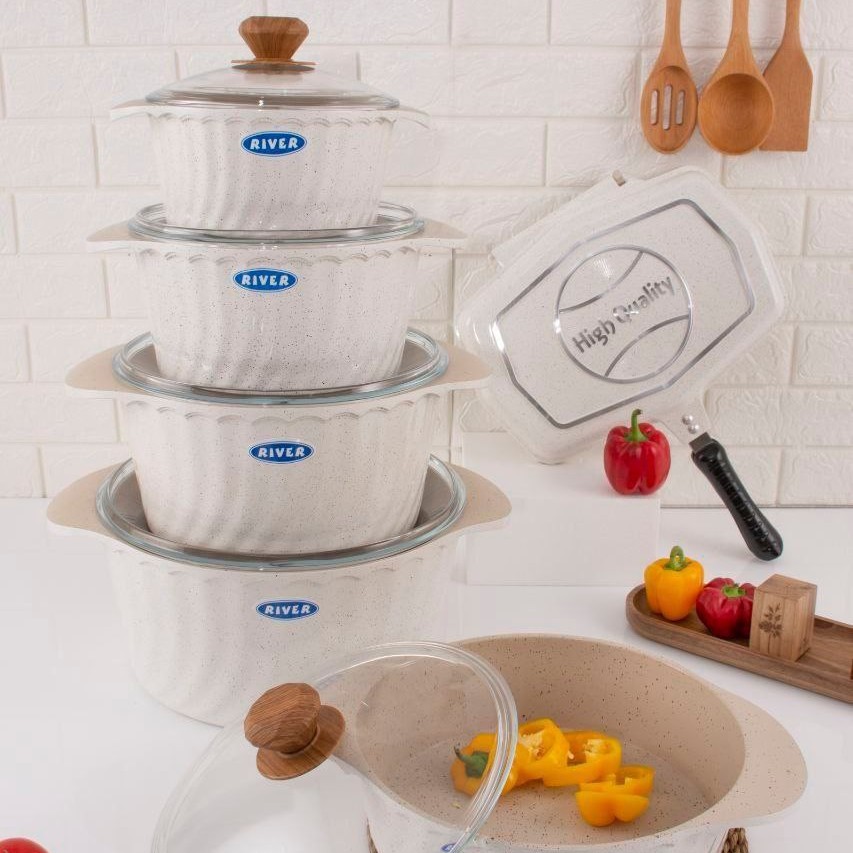 سرویس قابلمه چدن گرانیتی 12 پارچه ریور رنگ سفید 
