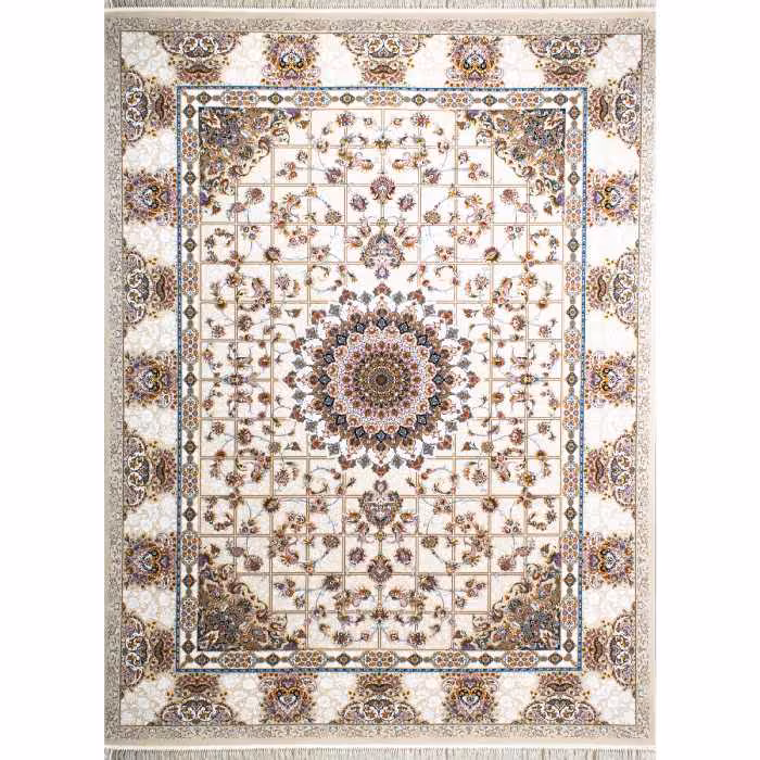 فرش ماشینی افرند 1200 شانه گل برجسته زمینه کرم کد 2220 (یک و نیم متری)