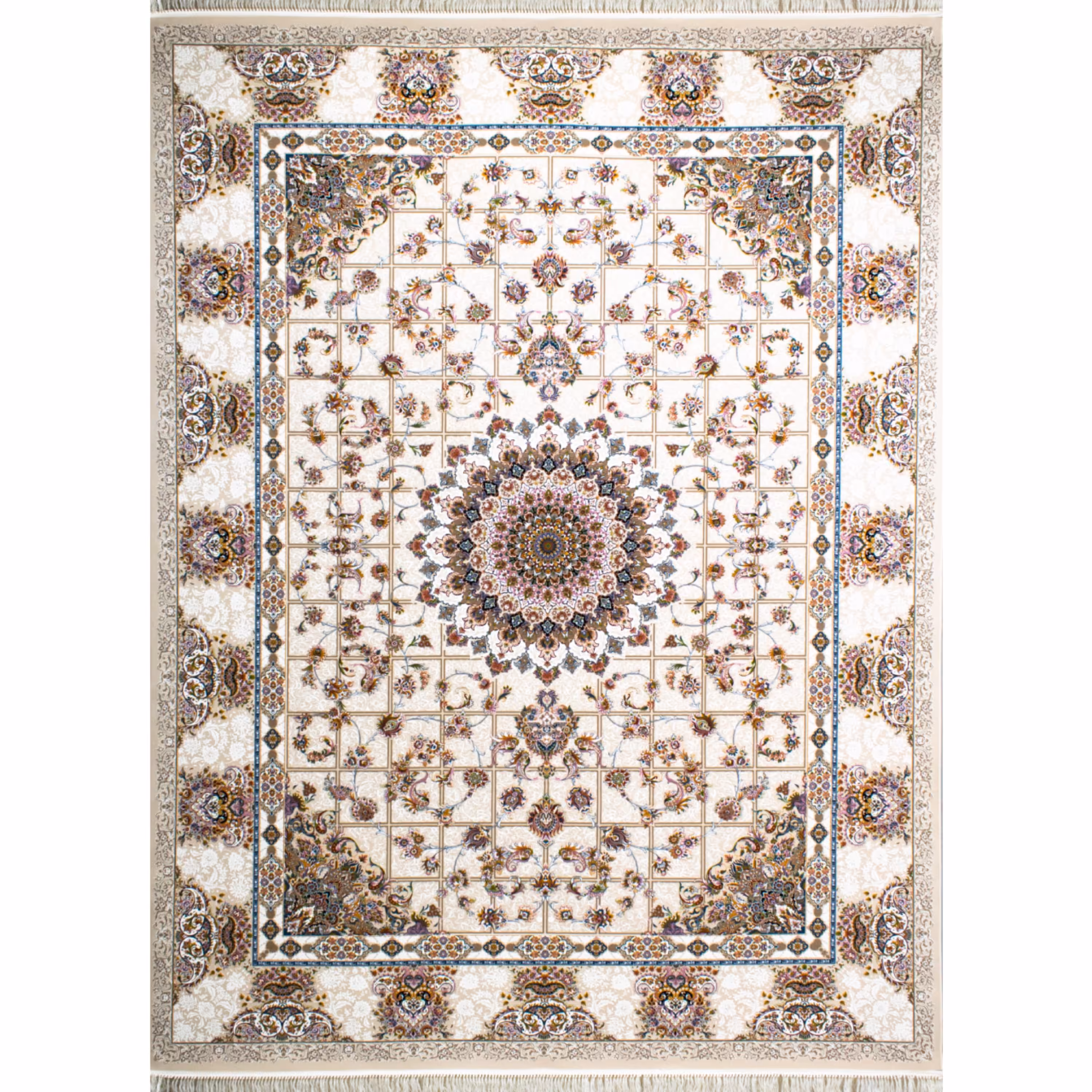 فرش ماشینی افرند 1200 شانه گل برجسته زمینه کرم کد 2220 (یک و نیم متری)