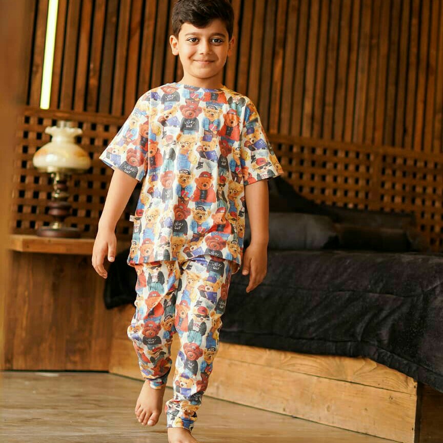 ست راحتی پسرانه طرح تدی جنس نخ پنبه بدون ابرفت و تغییر رنگ در سایزهای مختلف از 18 ماهه تا 9ساله