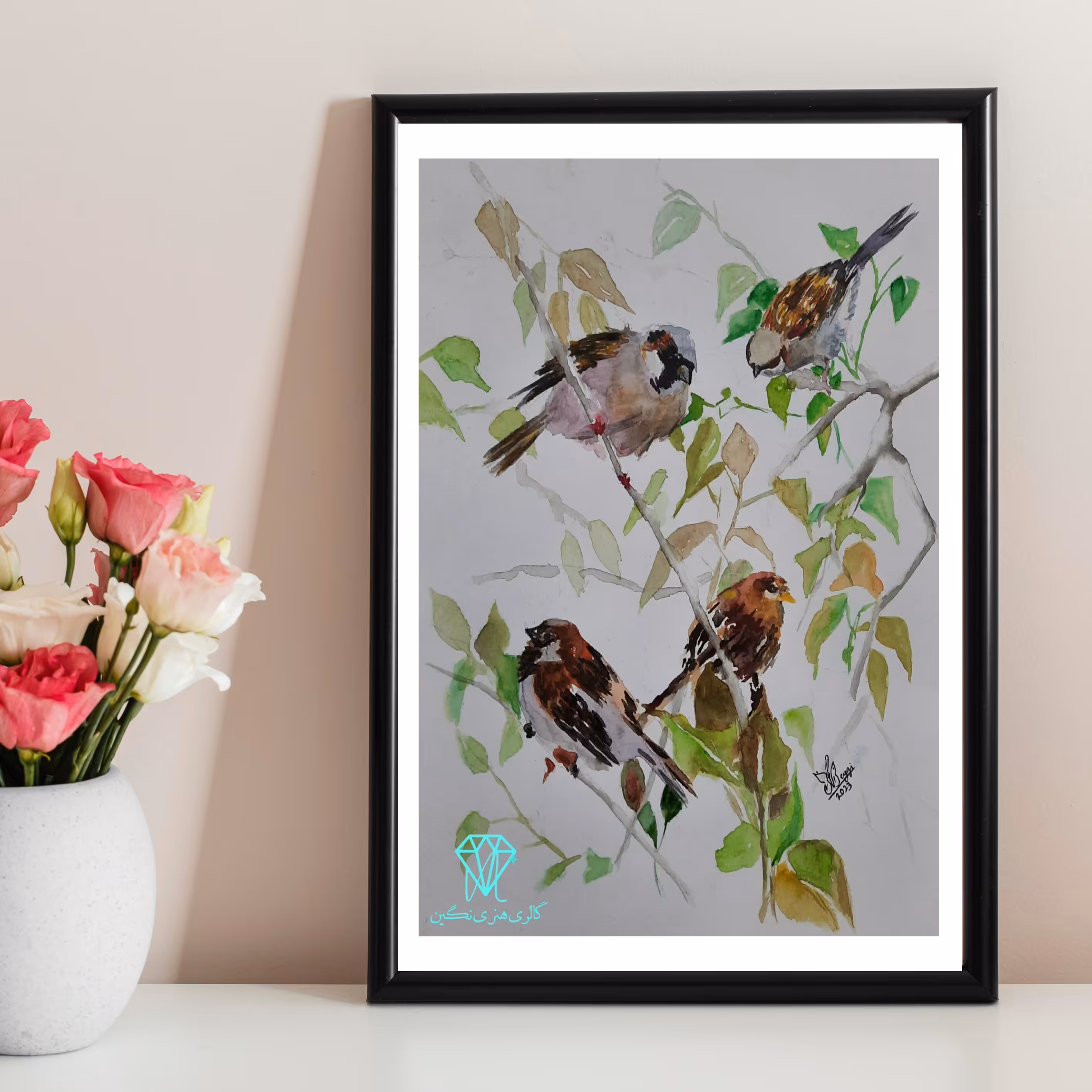 تابلو نقاشی آبرنگ طرح گنجشک ها (دارای قاب و پاسپارتو) با ابعاد 30 در 40