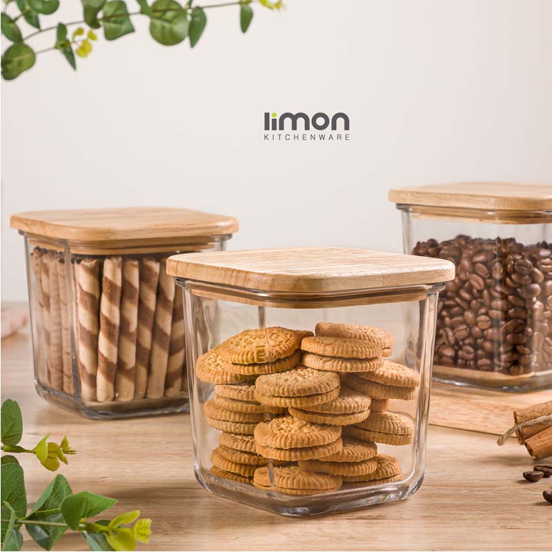 ظرف شیشه ای لیمون درب چوبی 860 میلی لیتر