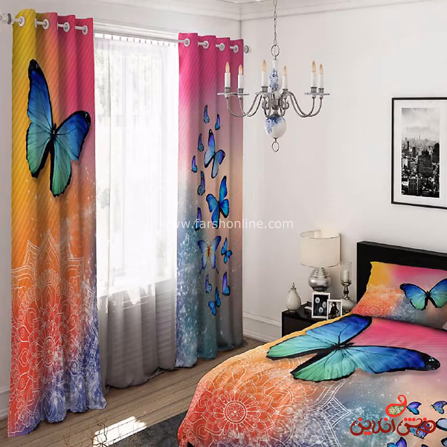 پرده 2 عددی کد 15455/1 طرح پروانه آبی