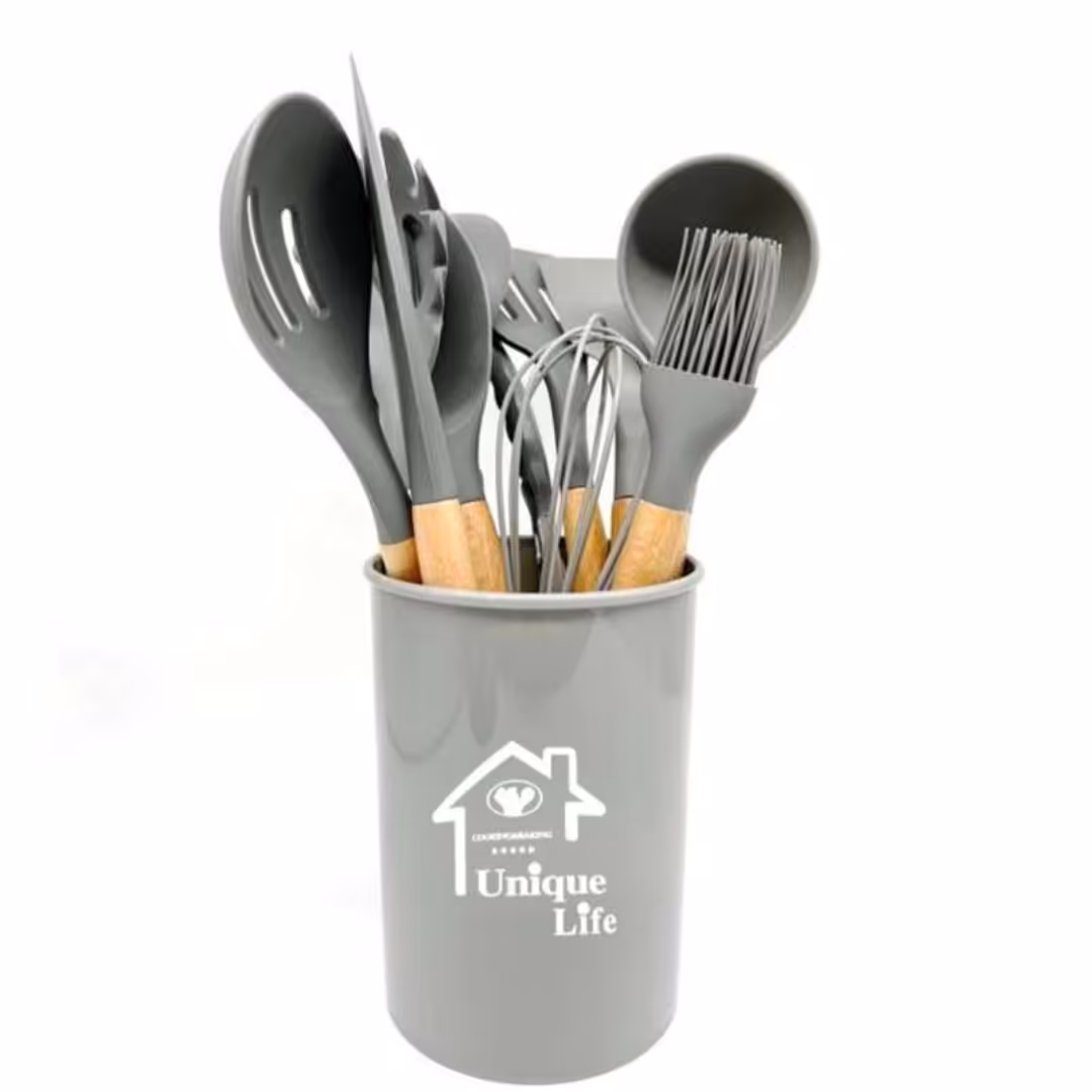 سرویس کفگیر و ملاقه یونیک سرویس 12 تیکه کفگیر ملاقه در رنگبندی طوسی و مشکی 