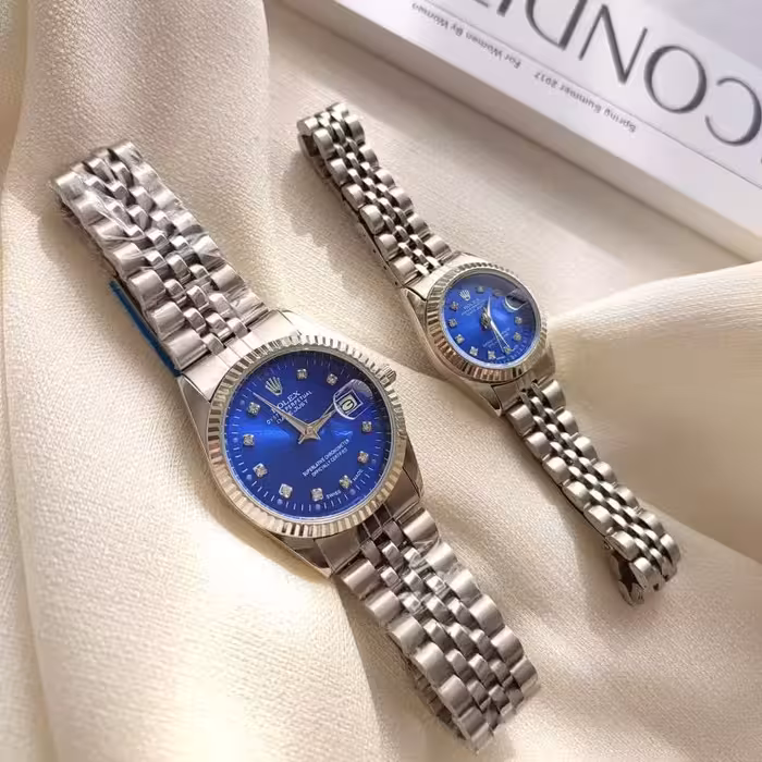 ساعت رولکس نقره ای صفحه آبی ست زنانه مردانه ارسال رایگان 