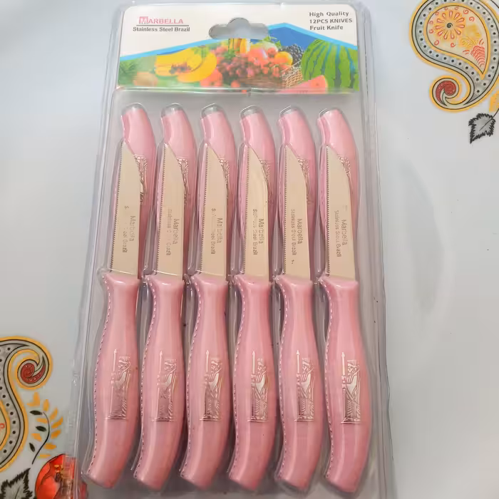 چاقو میوه خوری 12 تایی هخامنشی مارک ماربلا رنگ صورتی کم رنگ (کارد میوه خوری ) 