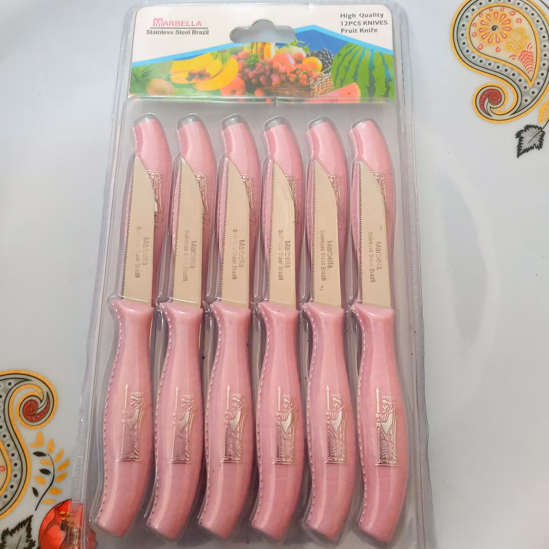 چاقو میوه خوری 12 تایی هخامنشی مارک ماربلا رنگ صورتی کم رنگ (کارد میوه خوری ) 