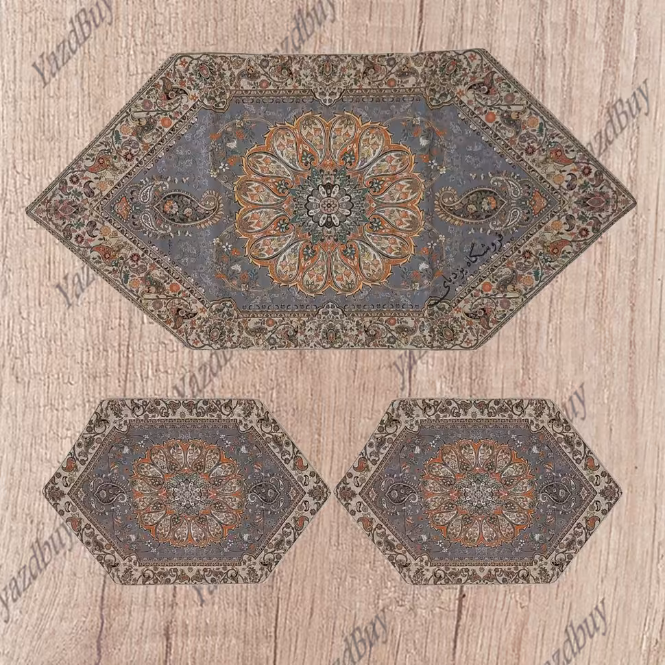 ست 3 تکه رومیزی ترمه افشاری رنگ طوسی با کیفیت عالی