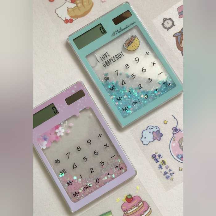 ماشین حساب آکواریومی فانتزی لمسی شفاف کیوت صورتی آبی سبز با باتری خورشیدی جیبی رومیزی اکلیلی و شاین دار