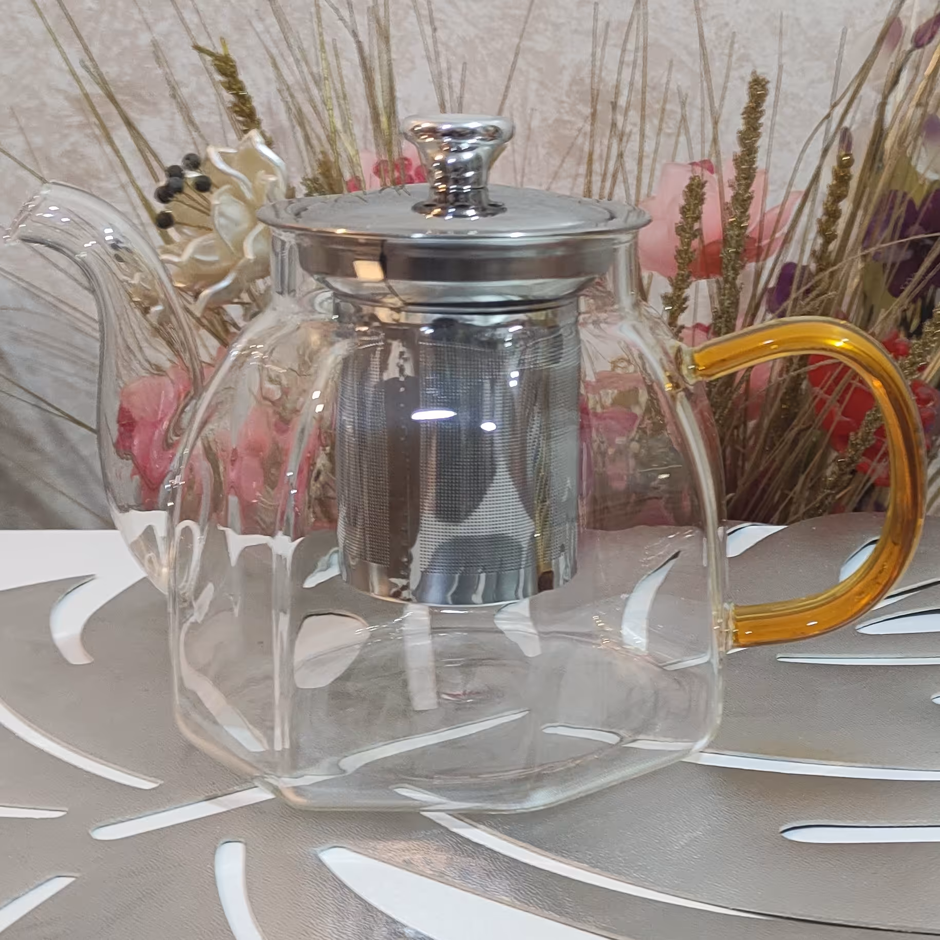 قوری پیرکس 900میل شعله مستقیم دسته رنگی توری دار با کیفیت 