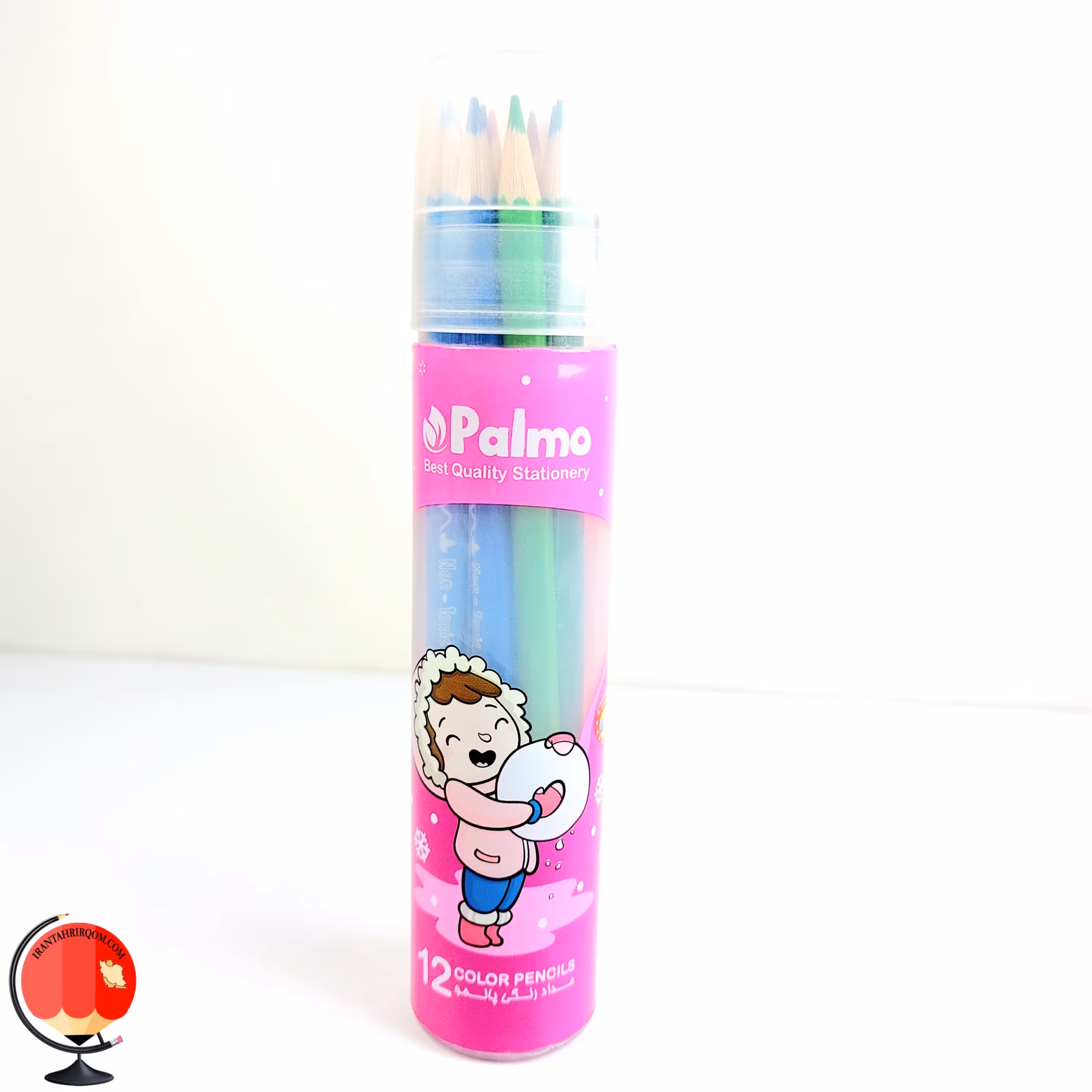 مداد رنگی 12 رنگ پالمو جعبه استوانه ای صورتی کد 1443
