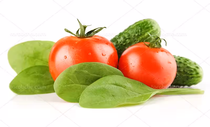 عکس گوجه و خیار با برگ اسفناج | گرافیک با طعم تربچه