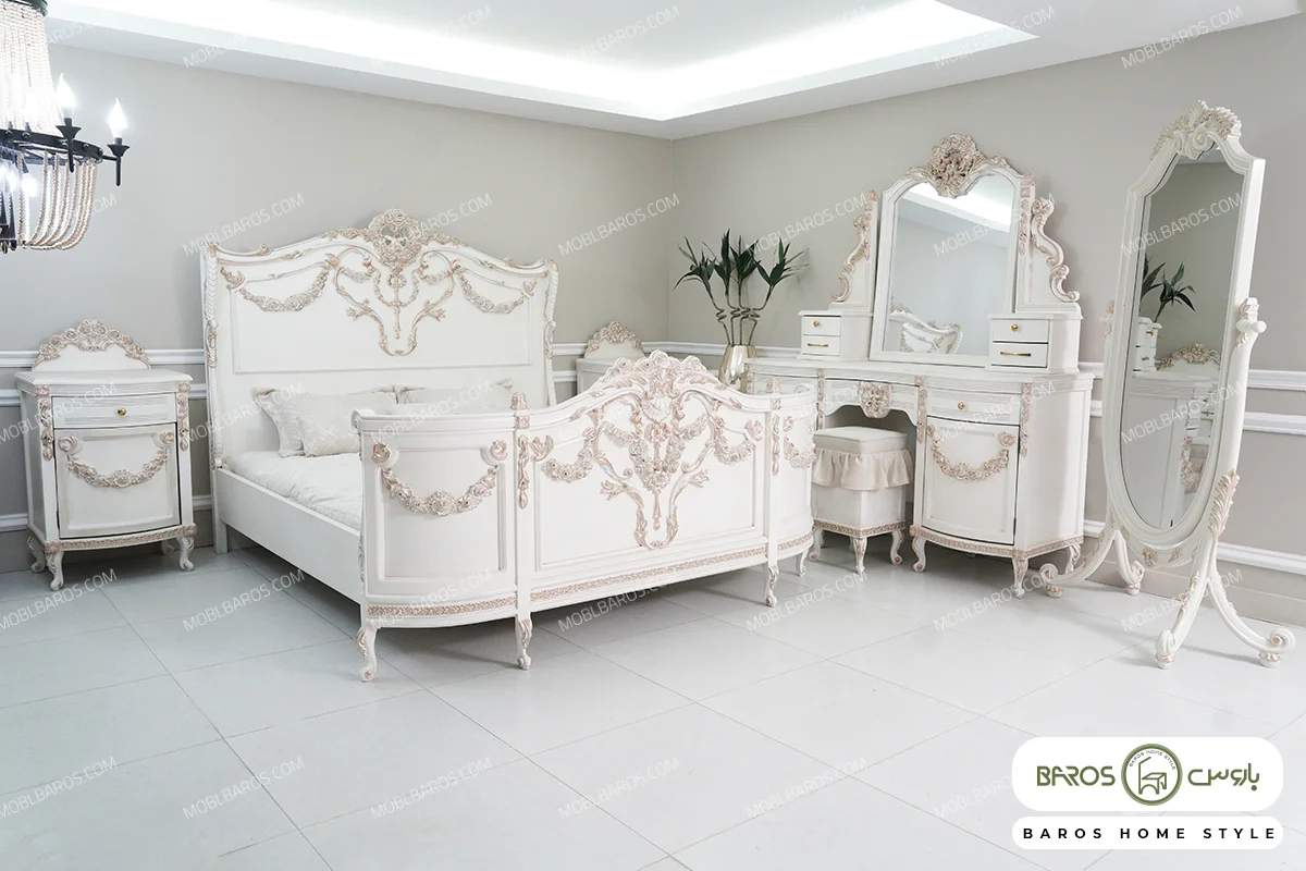 سرویس خواب دو نفره چوبی عروس ژینوس رنگ سفید