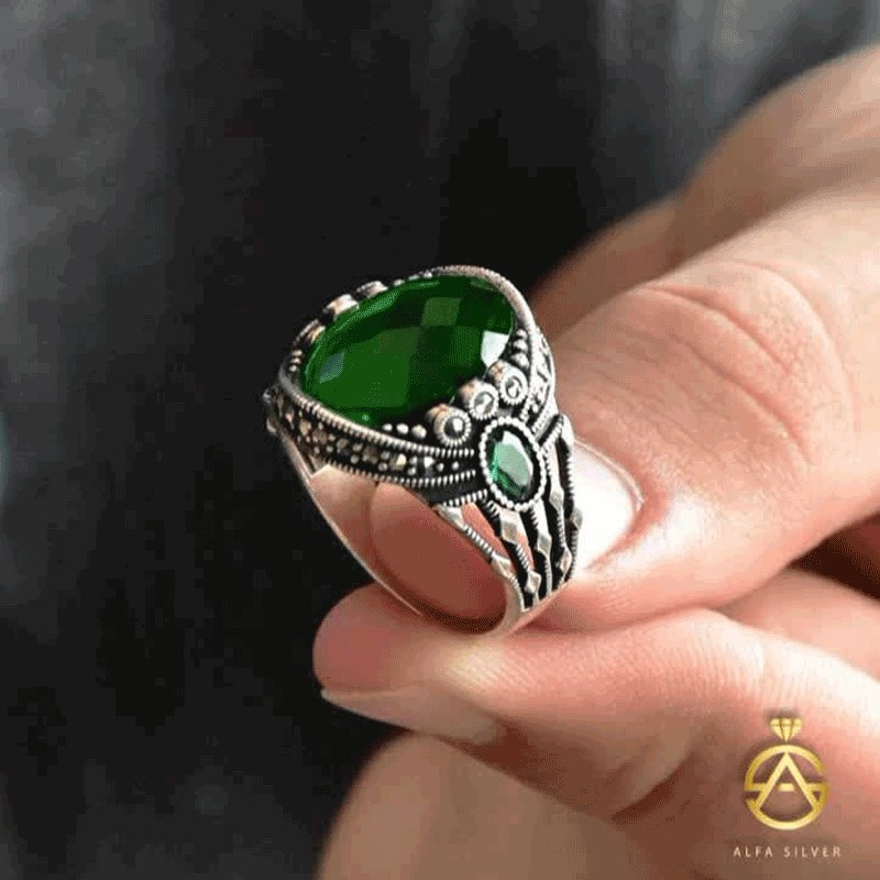 انگشتر نقره مردانه ترک نگین اتمی سبز زمردی RM632