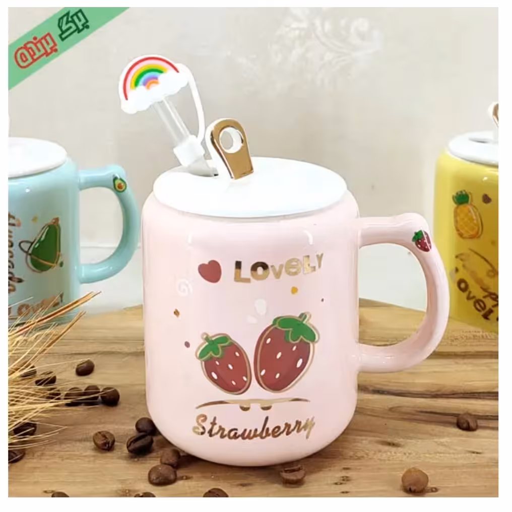 ماگ سرامیکی میوه ای نی دار طرح آووکادو، هلو، توت فرنگی، آناناس نی دار