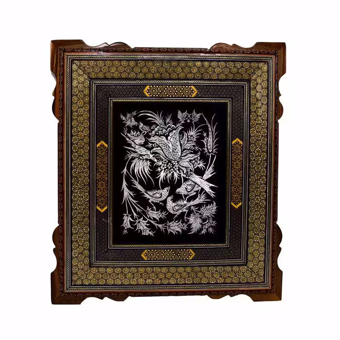 تابلوی تمام خاتم لچک ترنج همراه با قلم زنی استاد زرقلم سایز 45در50 کد 02