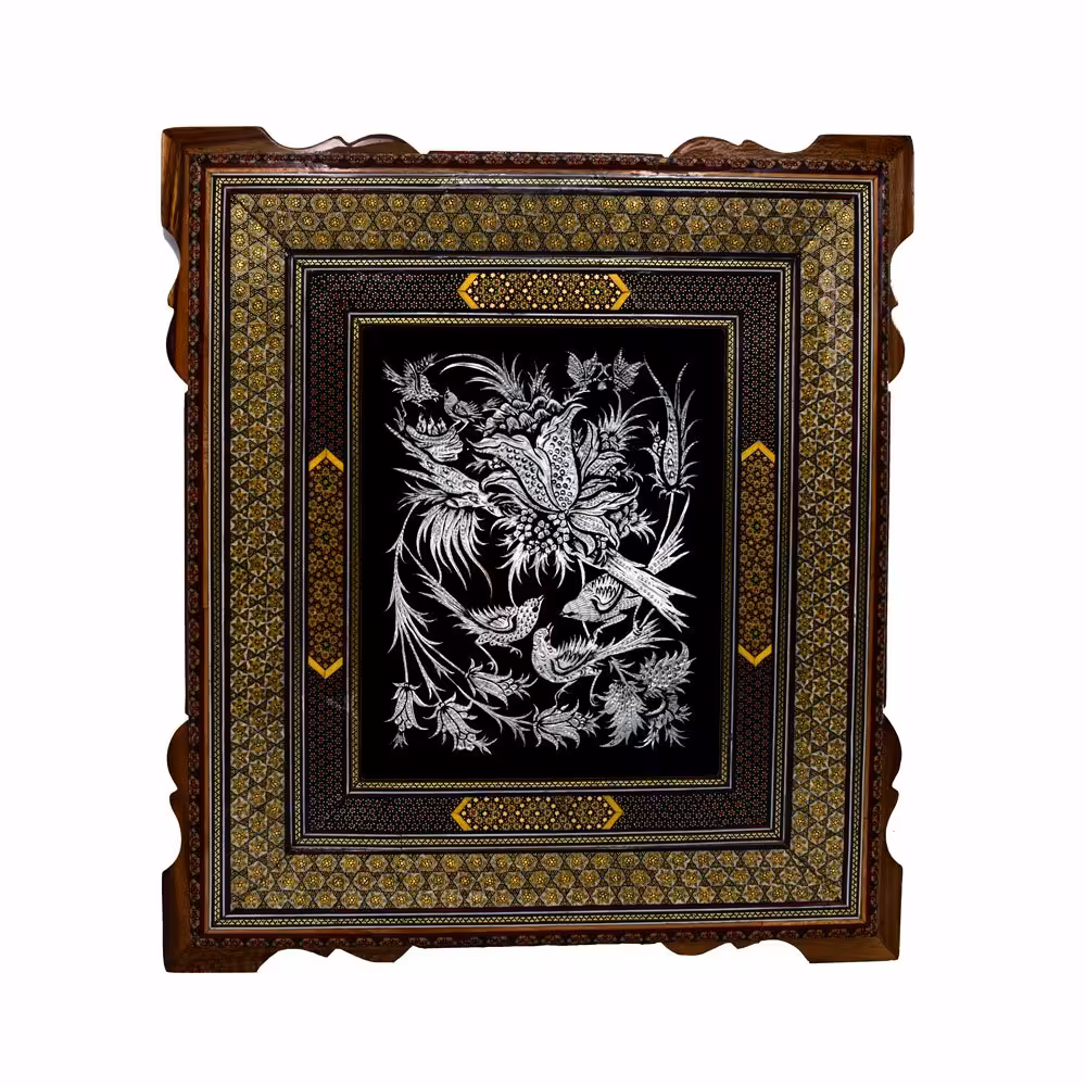 تابلوی تمام خاتم لچک ترنج همراه با قلم زنی استاد زرقلم سایز 45در50 کد 02