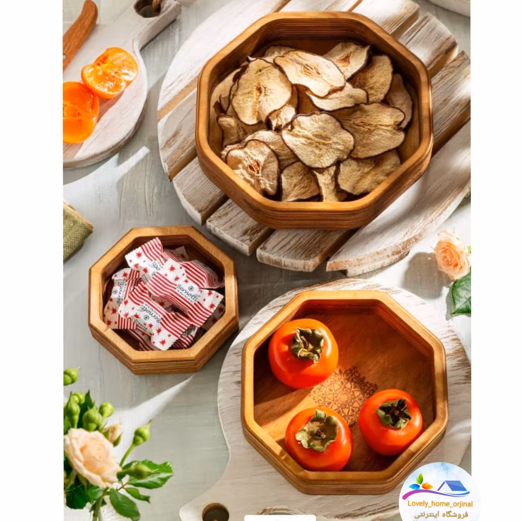 ظروف پذیرایی چوبی  3 تایی طرح 8ضلعی