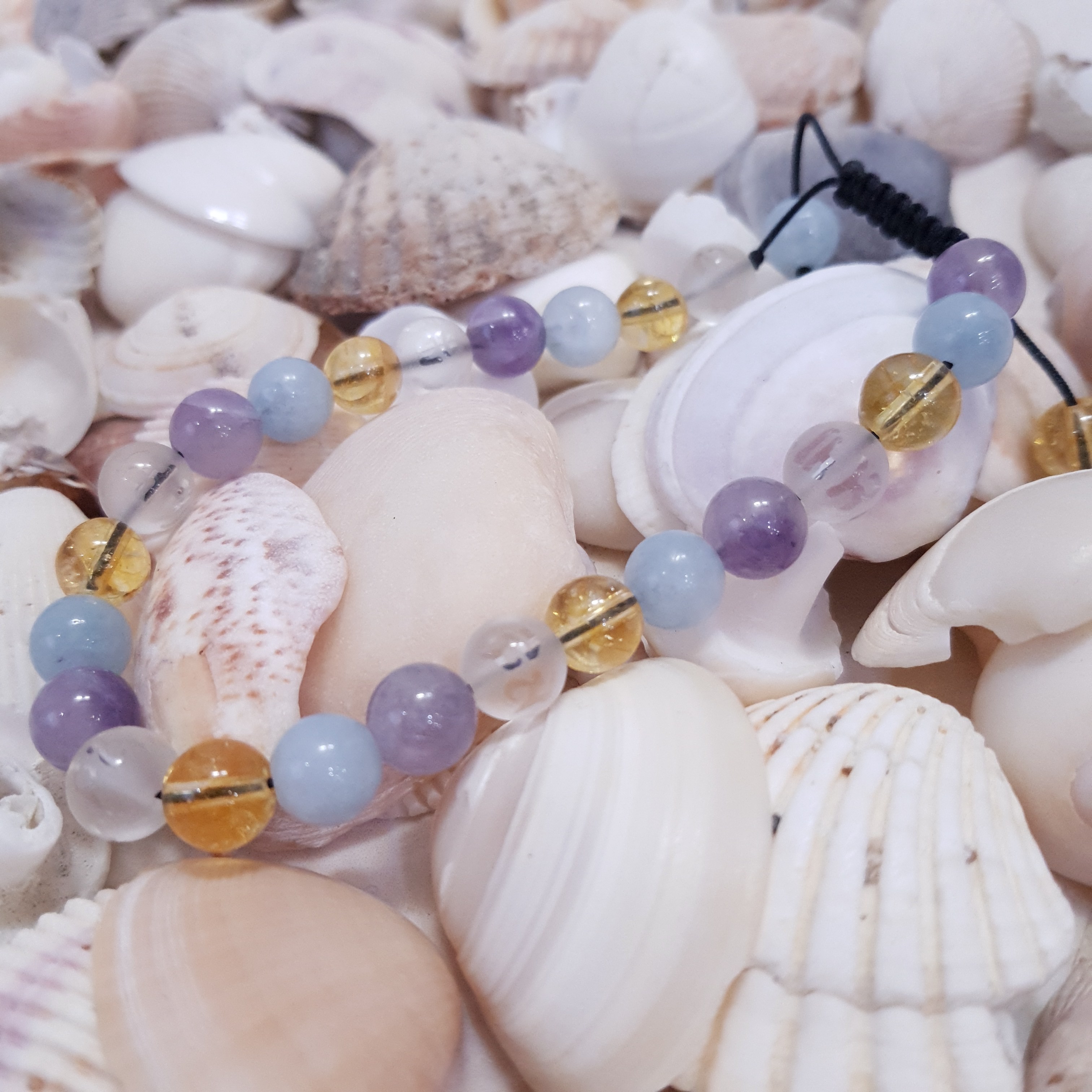 دستبند پلاس با سنگ های آمیتیست(سنگ آرامش) سیترین(سنگ ثروث)آکوامارین وکوارتز شفاف