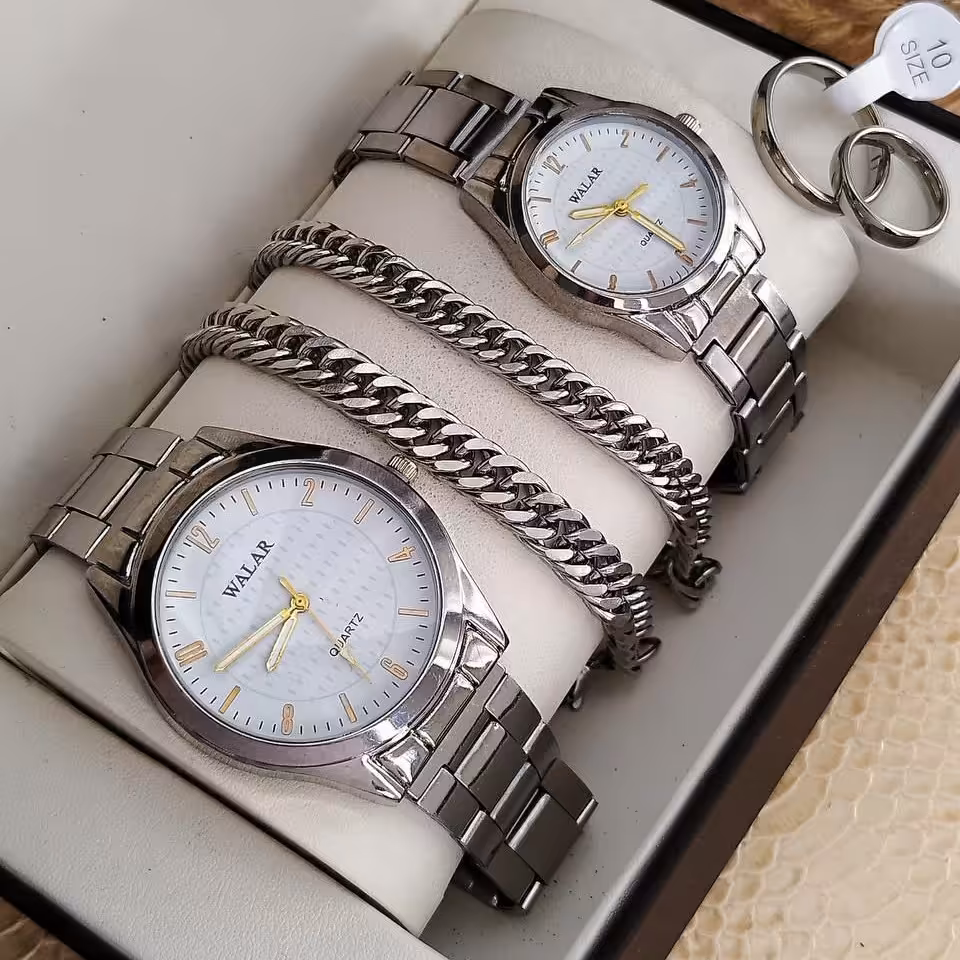 ست ساعت و دستبندو انگشتر بندفلزی مردانه و زنانه والار