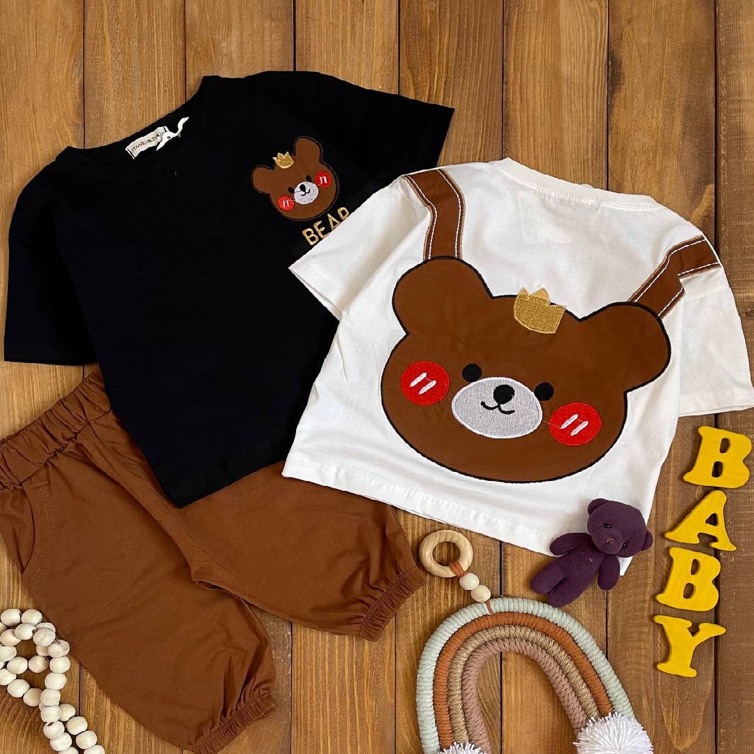 تیشرت شلوارک خرس مشکی و سفید سایز 50 و 55