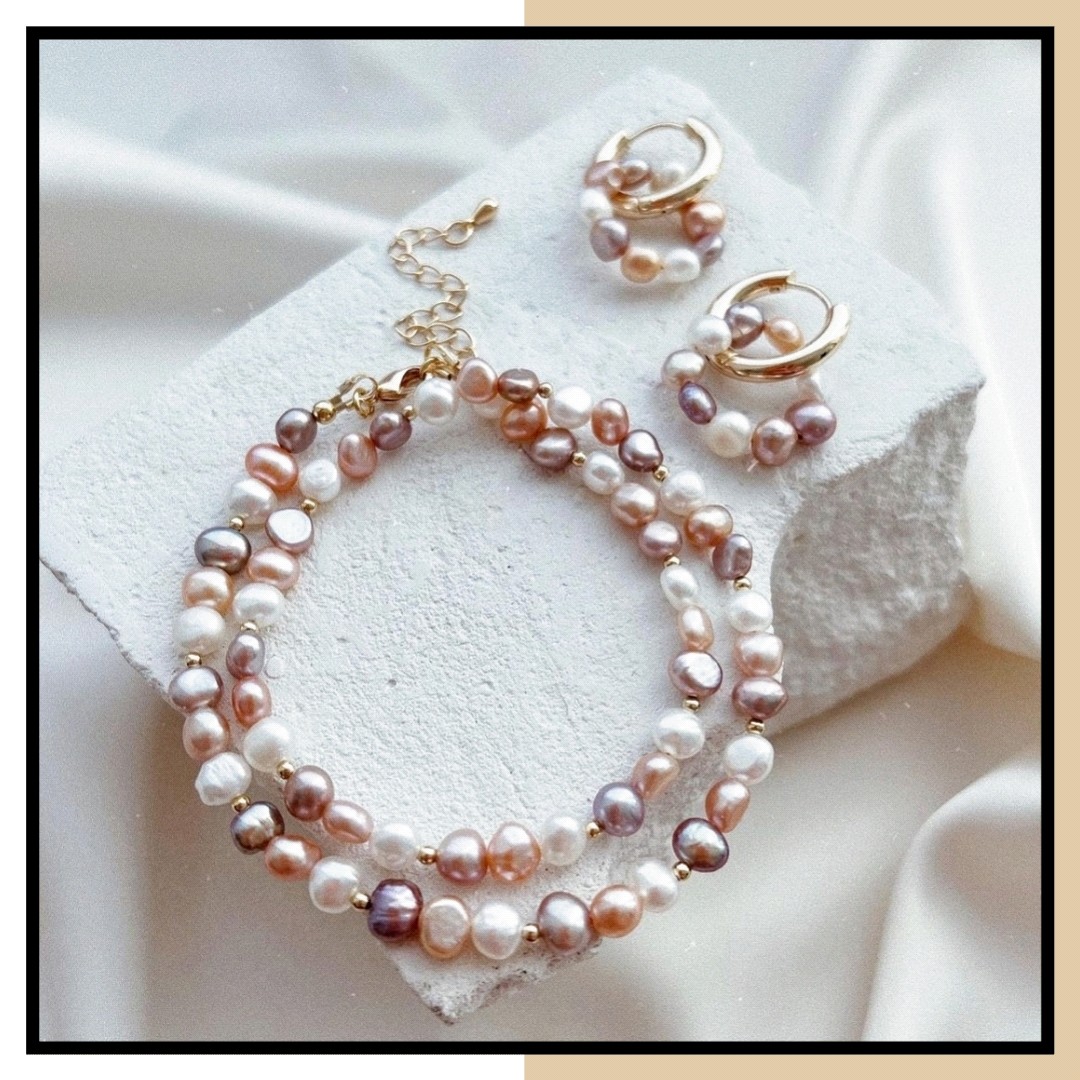 نیم ست مروارید پرورشی سه رنگ سفید ،صورتیو سرمه ای با متریال استیل رنگ ثابت و ارسال رایگان