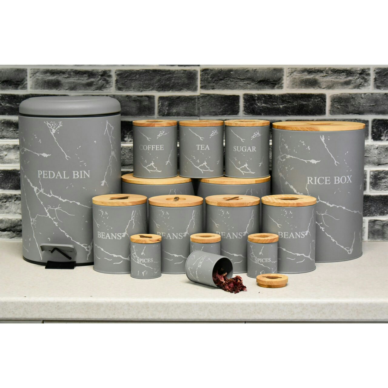 سرویس آشپزخانه 15 پارچه درب بامبو (BVK ) طرح ماربل طوسی با خط طوسی 855585