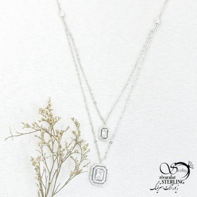 گردنبند دولاین نقره نگین مربع جواهری کد 14854