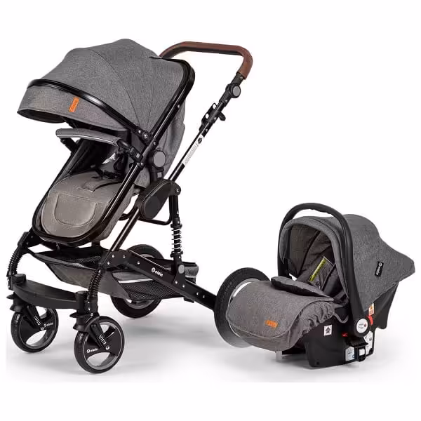 کالسکه کریر    elele   مدل  velar    کریکات شونده  با صندلی رو به مادر  رنگ طوسی جدید با چرم دوزی قهوه ای    elele velar / grey