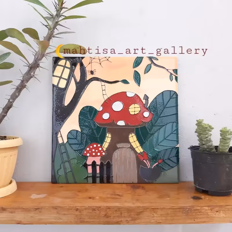 تابلو ویترای روی کاشی طرح خونه قارچی