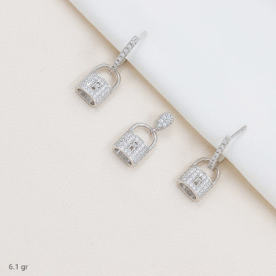 نیم ست نقره طرح قفل کوچک با روکش رودیوم کد 1689