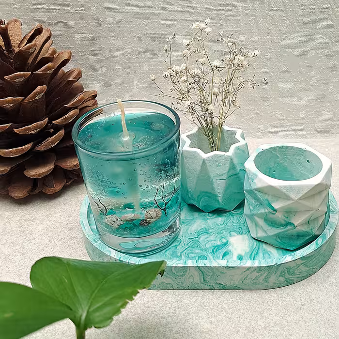 دکوری ست سینی و شمع دریایی سبزفیروزه ای