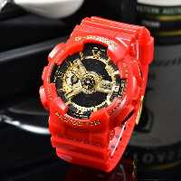 ساعت جی شاک GA110 قرمز طلایی (جیشاک GShock) ، صد در صد ضدآب ، تنظیم اتوماتیک با پایتخت کشورها ، اتولایت دار